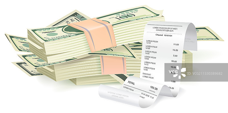 美元堆旁边的支付支票2.5D图图片素材
