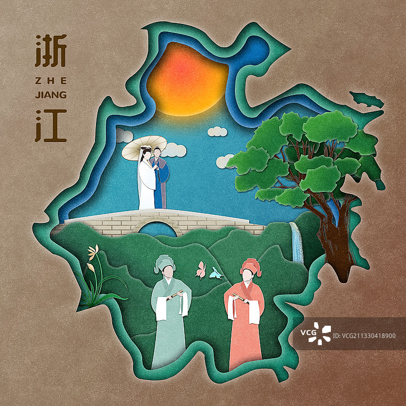 浙江民间爱情故事梁祝和白蛇传剪纸风插画图片素材