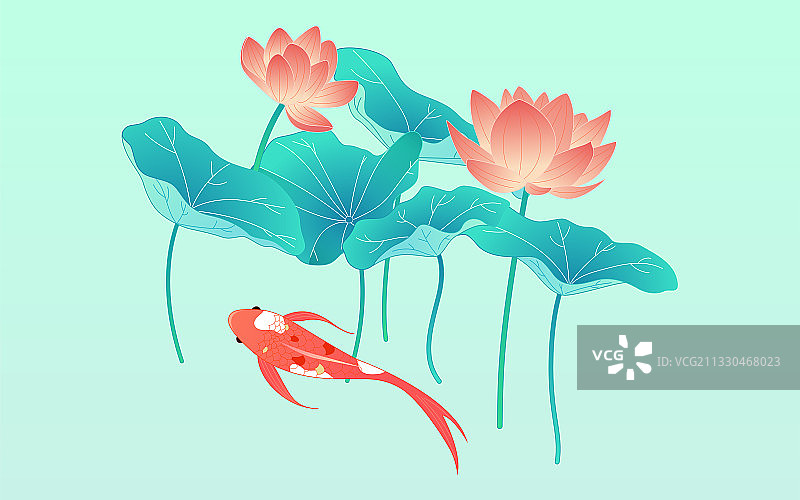 卡通夏天荷花池塘锦鲤中国风矢量插画素材图片素材