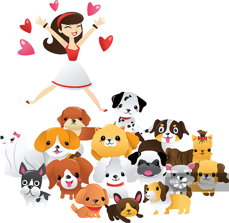 卡通女性和小狗们玩耍图片素材