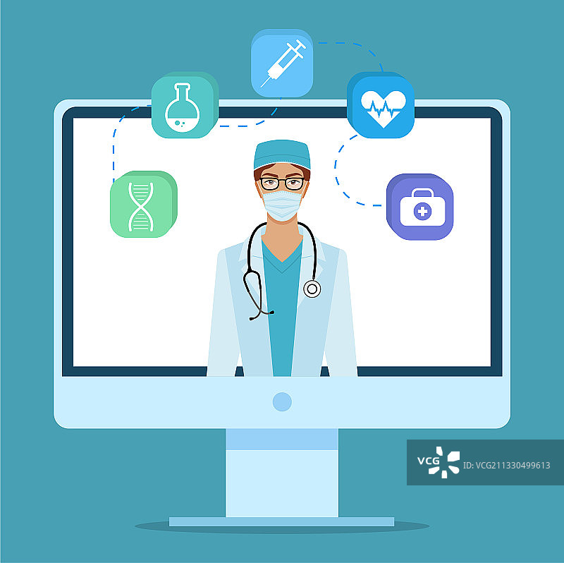 女医生用听诊器检查监视器图片素材