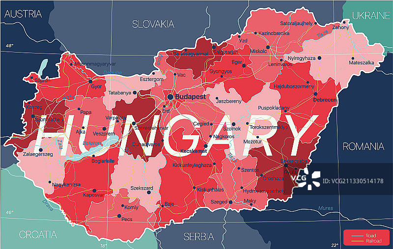 匈牙利国家详细可编辑地图图片素材