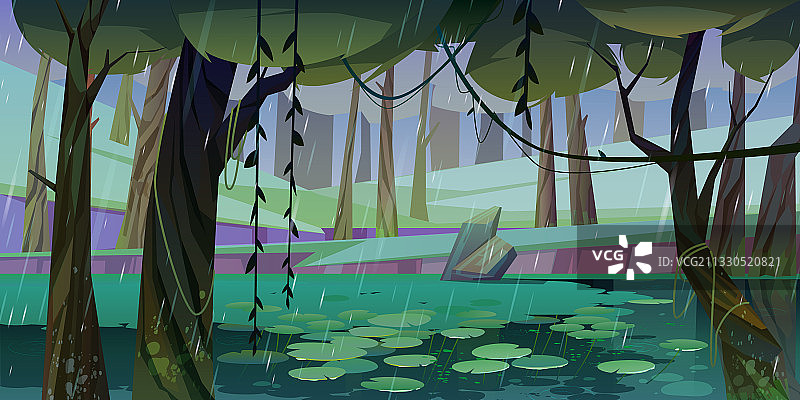 森林中下雨，有沼泽或湖泊和睡莲图片素材