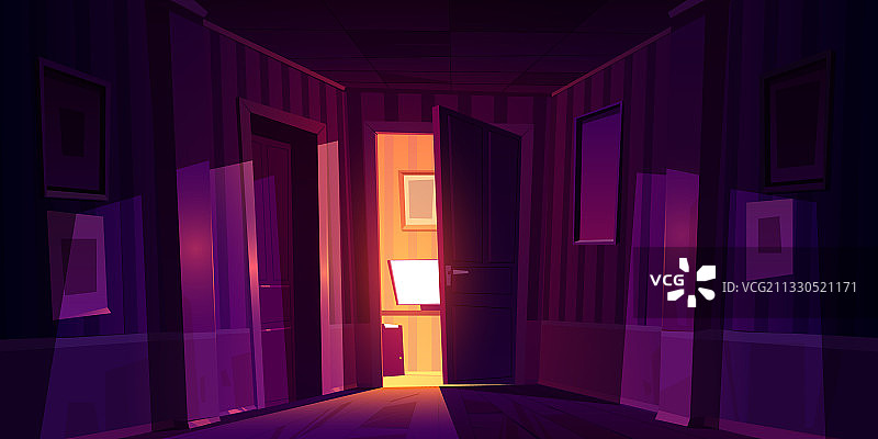 通往带电脑房间的夜间家庭走廊图片素材