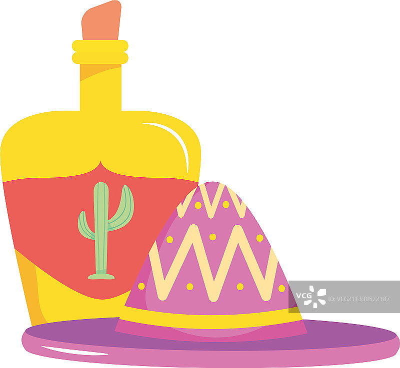 墨西哥帽子和龙舌兰酒瓶扁平风格图标图片素材