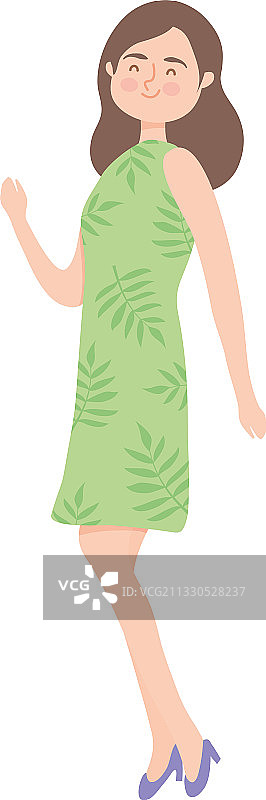 穿着绿色连衣裙的卡通女人图片素材