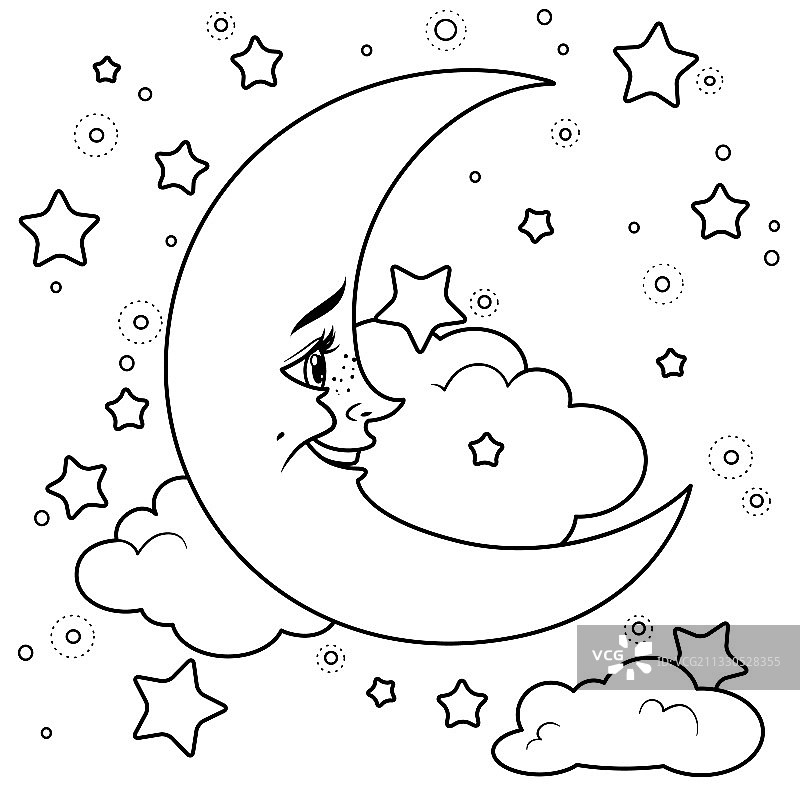 带云朵轮廓的卡通笑脸月亮图片素材