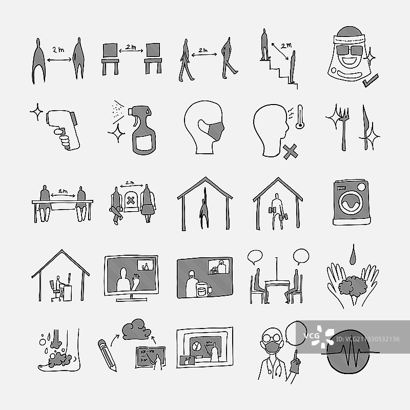 保持社交距离的涂鸦图标集图片素材