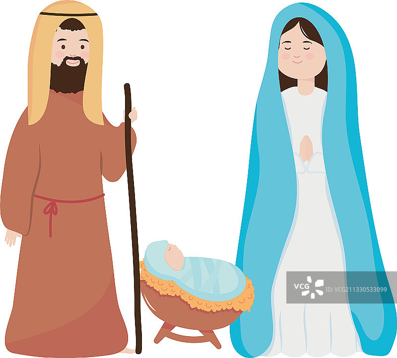 马槽家庭约瑟玛丽婴儿耶稣扁平风格图片素材