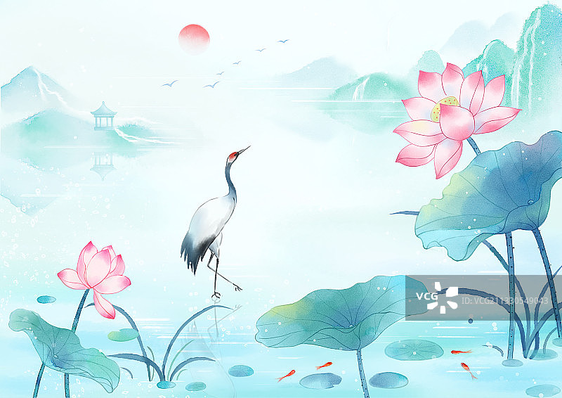 国风意境插画夏季山水荷花图图片素材