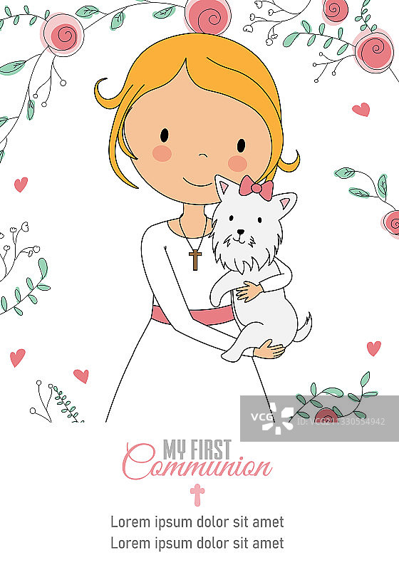 和狗狗在一起的女孩首次圣餐卡片图片素材