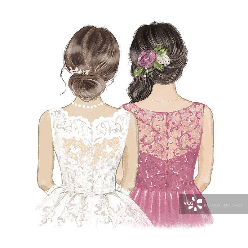 手捧头发带玫瑰的新娘和伴娘图片素材