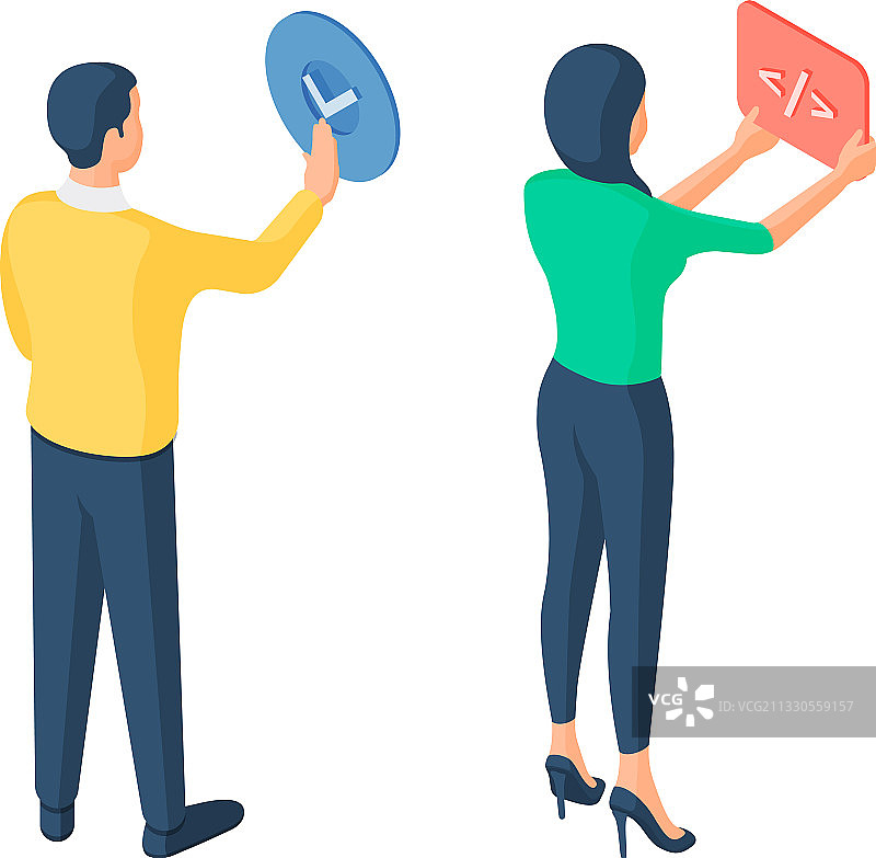 卡通男人和女人按下数字按钮图片素材