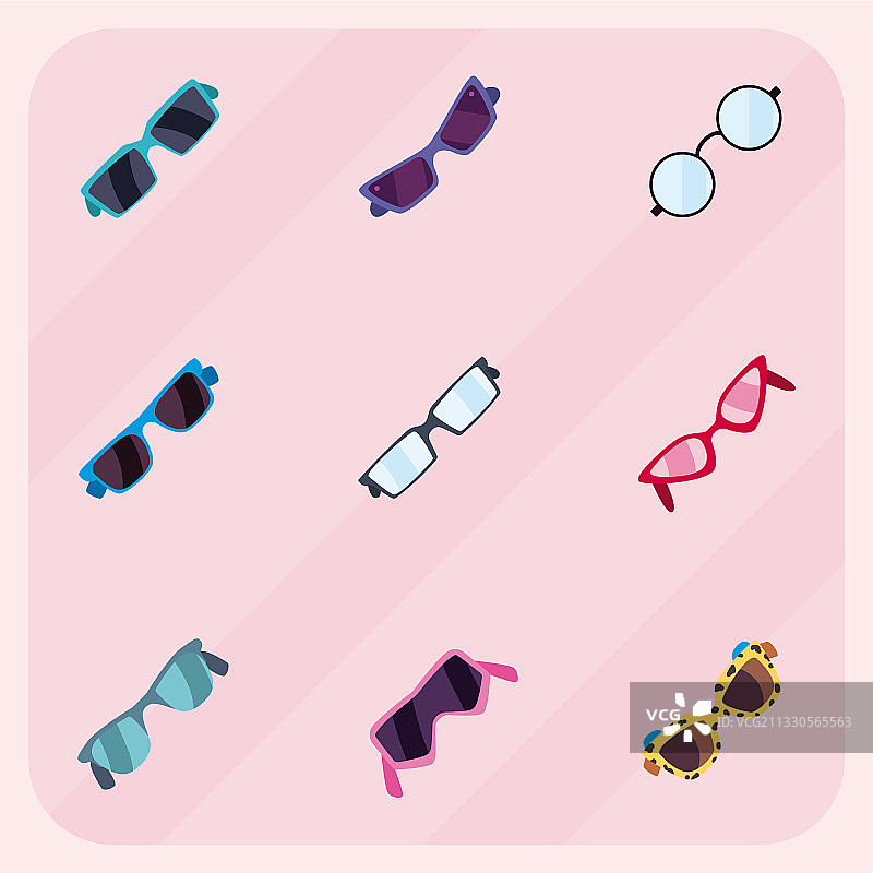 粉色背景上的不同款式的眼镜图片素材