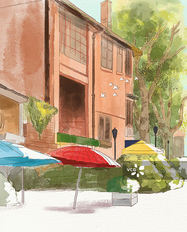 城市风景水彩风阳光街道插画图片素材