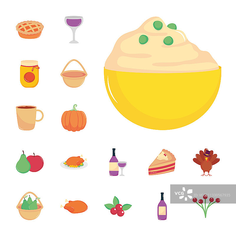 土豆泥碗和感恩节图标集图片素材
