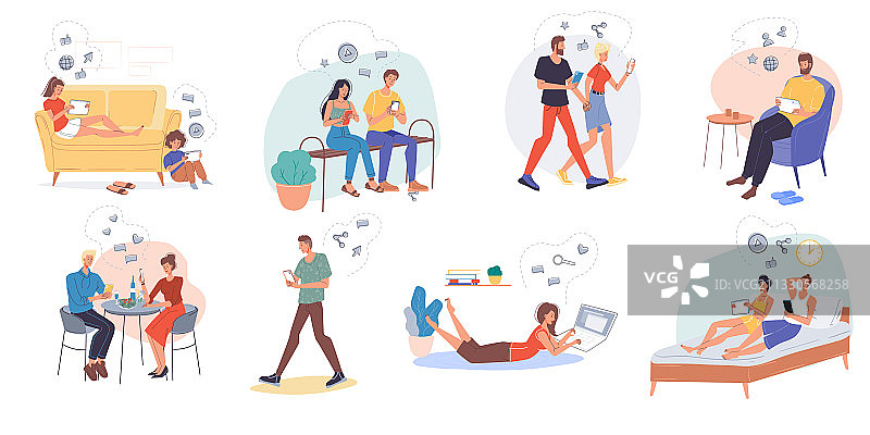 扁平卡通人物上网场景图片素材