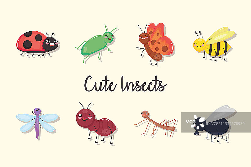 可爱昆虫图标集彩色设计图片素材