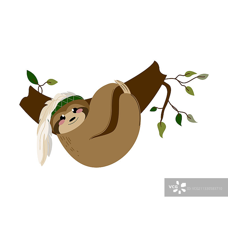 树上的可爱树懒与波西米亚风印第安元素图片素材