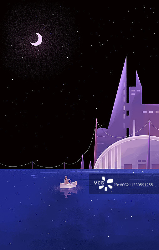 幻想的夜空下一个女孩在海面上独自划船图片素材