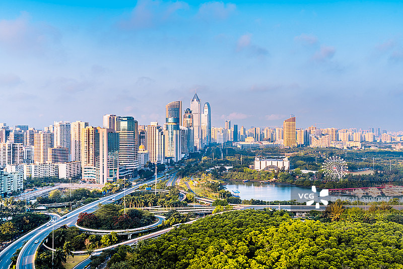 中国海南海口国贸CBD和滨海立交桥高视角建筑风光图片素材