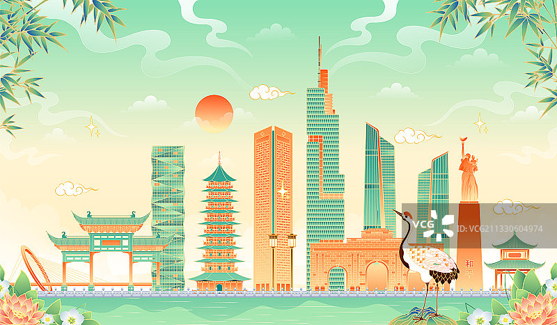 国潮风南京地标建筑矢量插画图片素材