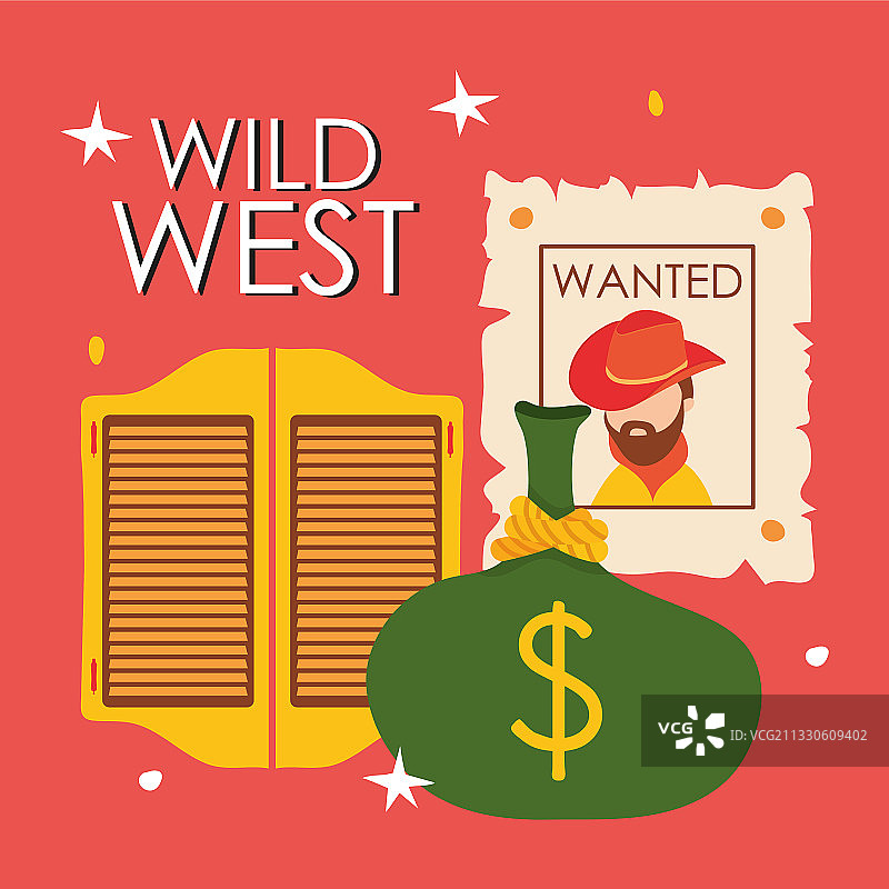 狂野西部设计与钱袋和通缉海报图片素材