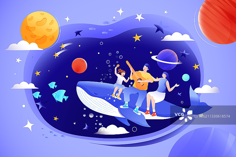 卡通夏季夏天父亲节家庭家人亲子游电商购物科技宇宙背景矢量插画图片素材