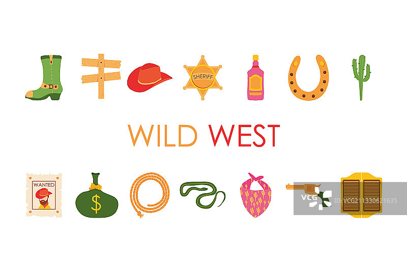 狂野西部彩色图标合集设计图片素材