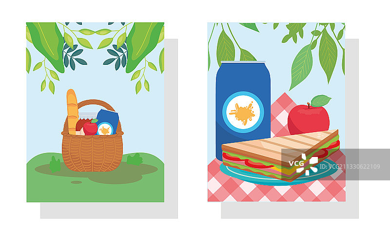 标签内的野餐篮和食物图标集图片素材