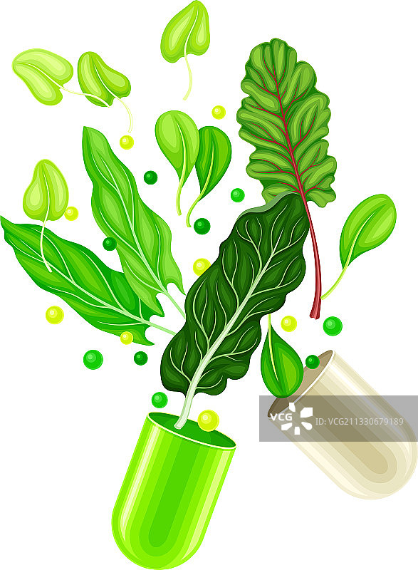 装有绿色蔬菜的开启式硬壳胶囊图片素材