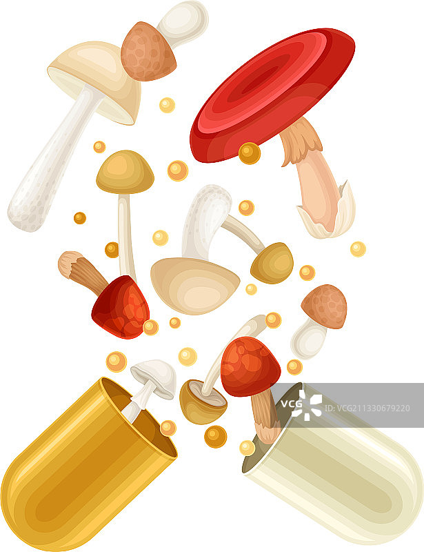 漂浮蘑菇维生素胶囊图片素材