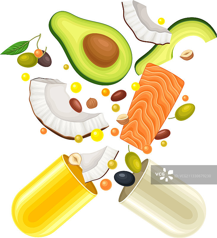 含有漂浮坚果和鳄梨的胶囊图片素材