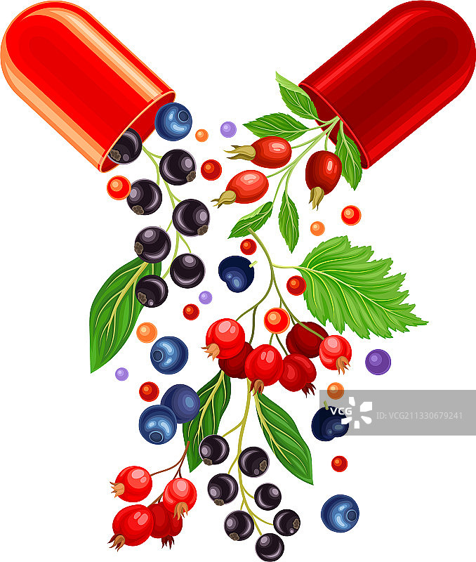 用浆果代表维生素的半开胶囊图片素材