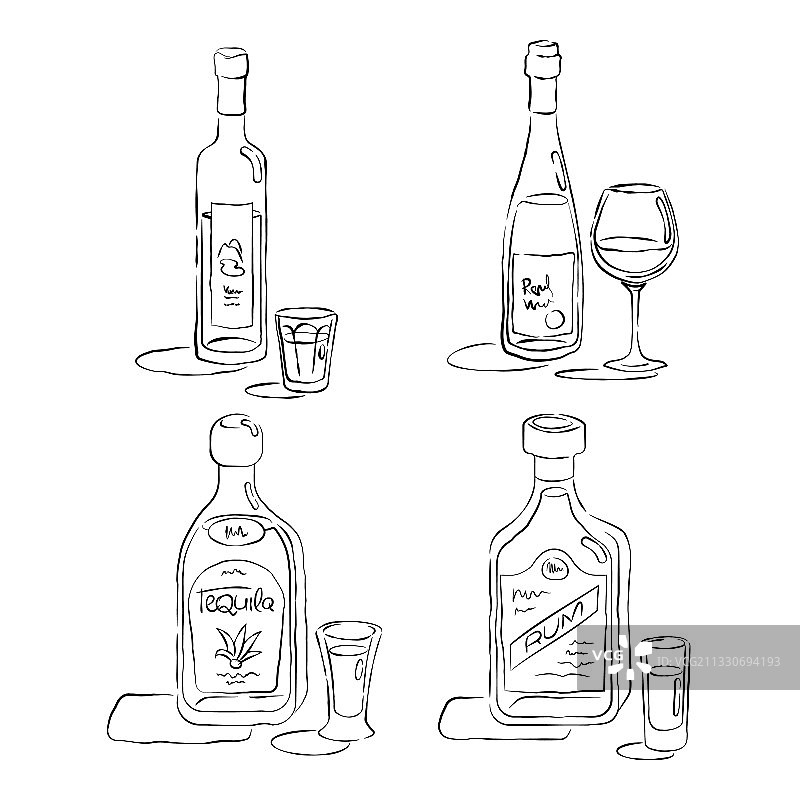 伏特加、朗姆酒、龙舌兰酒、红酒瓶和酒杯图片素材