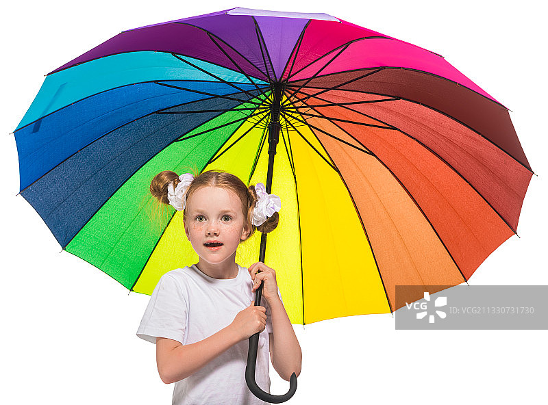 女孩手持雨伞，以白色为背景的肖像图片素材