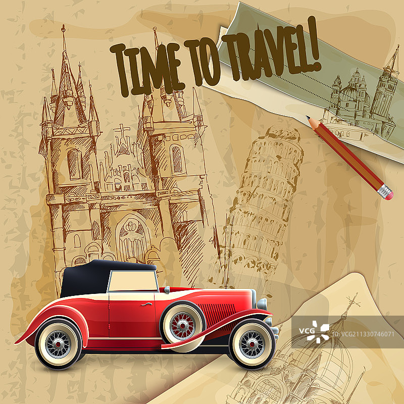 欧洲旅行汽车复古海报图片素材