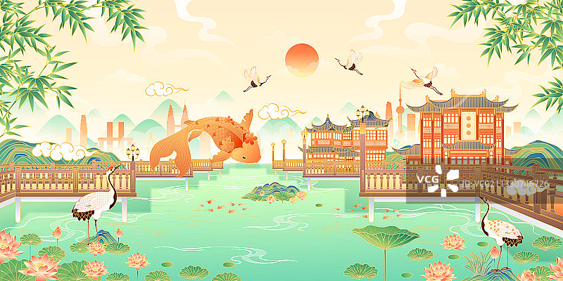 国风园林上海豫园城隍庙风景矢量插画图片素材