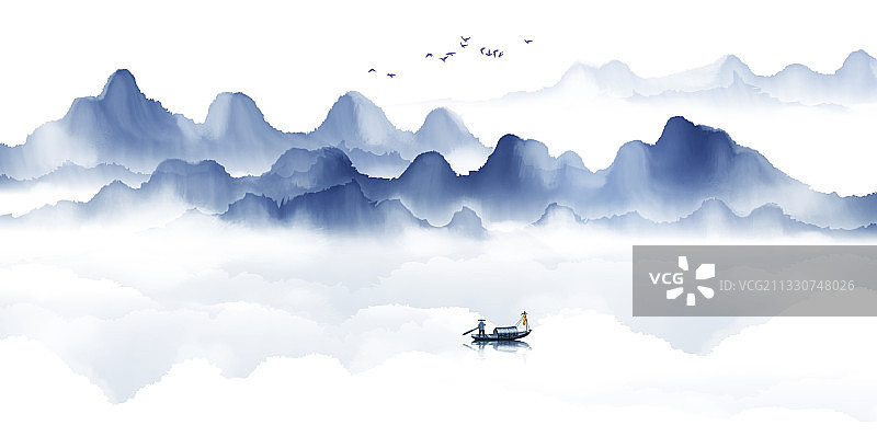 手绘中国风意境水墨山水画图片素材