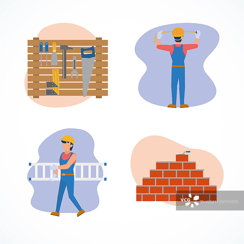 建筑工人与工具图标扁平化设计图片素材