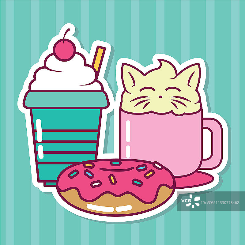 奶昔咖啡杯和甜甜圈线条填充图片素材