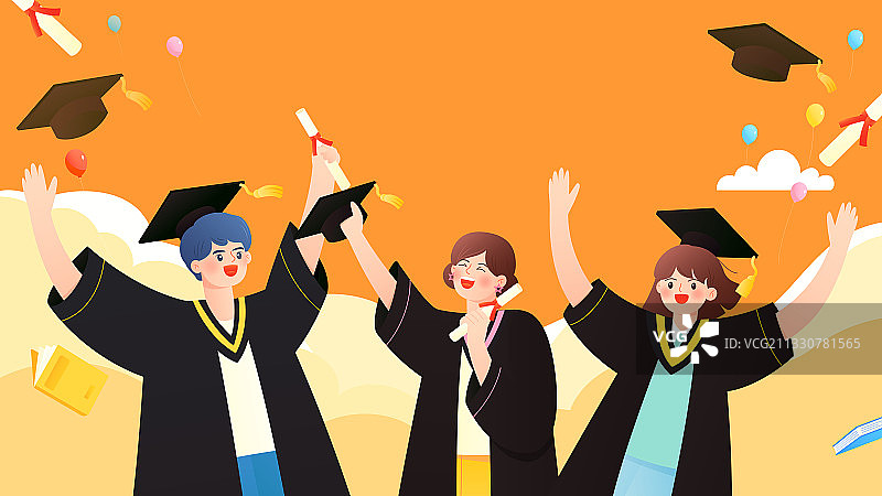年轻人身穿学士服庆祝毕业矢量人物插画横图图片素材