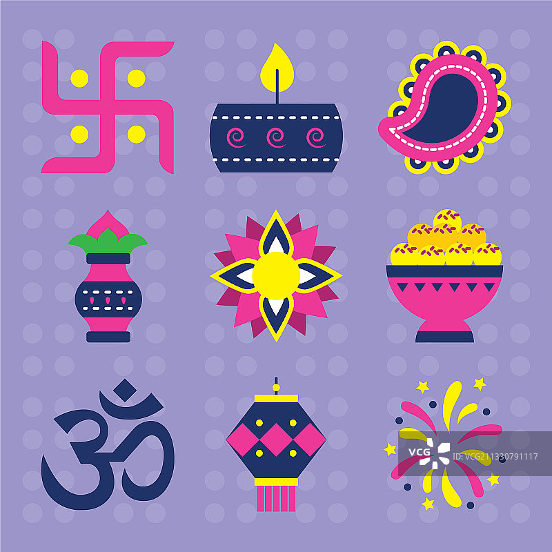 欧姆符号和排灯节扁平风格图标集图片素材