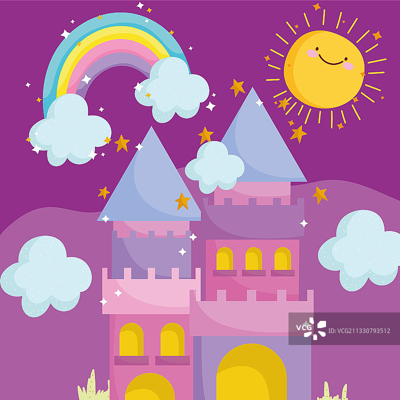 公主童话卡通城堡彩虹太阳天空图片素材