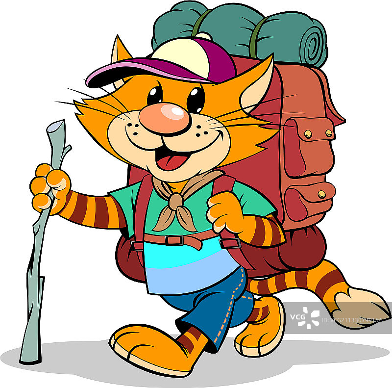带登山杖和背包的红猫图片素材