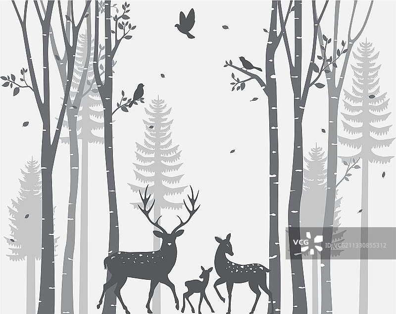 白桦树与鹿和鸟剪影图片素材