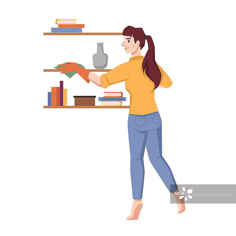 家政女工擦拭架子上的灰尘图片素材