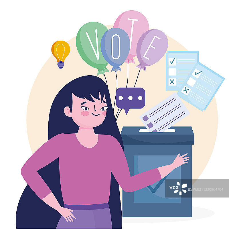 女人在投票箱旁，有选中标记图片素材