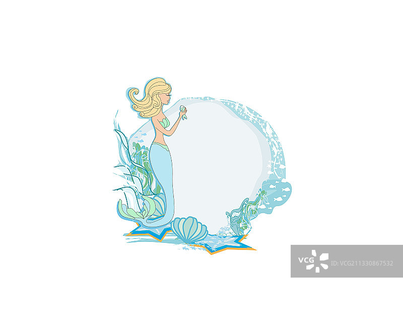 蓝色背景上的美人鱼装饰画框图片素材