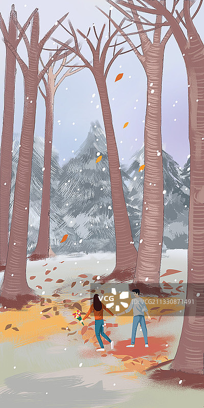 冬天立冬后飘雪花情侣户外散步浪漫插画图片素材